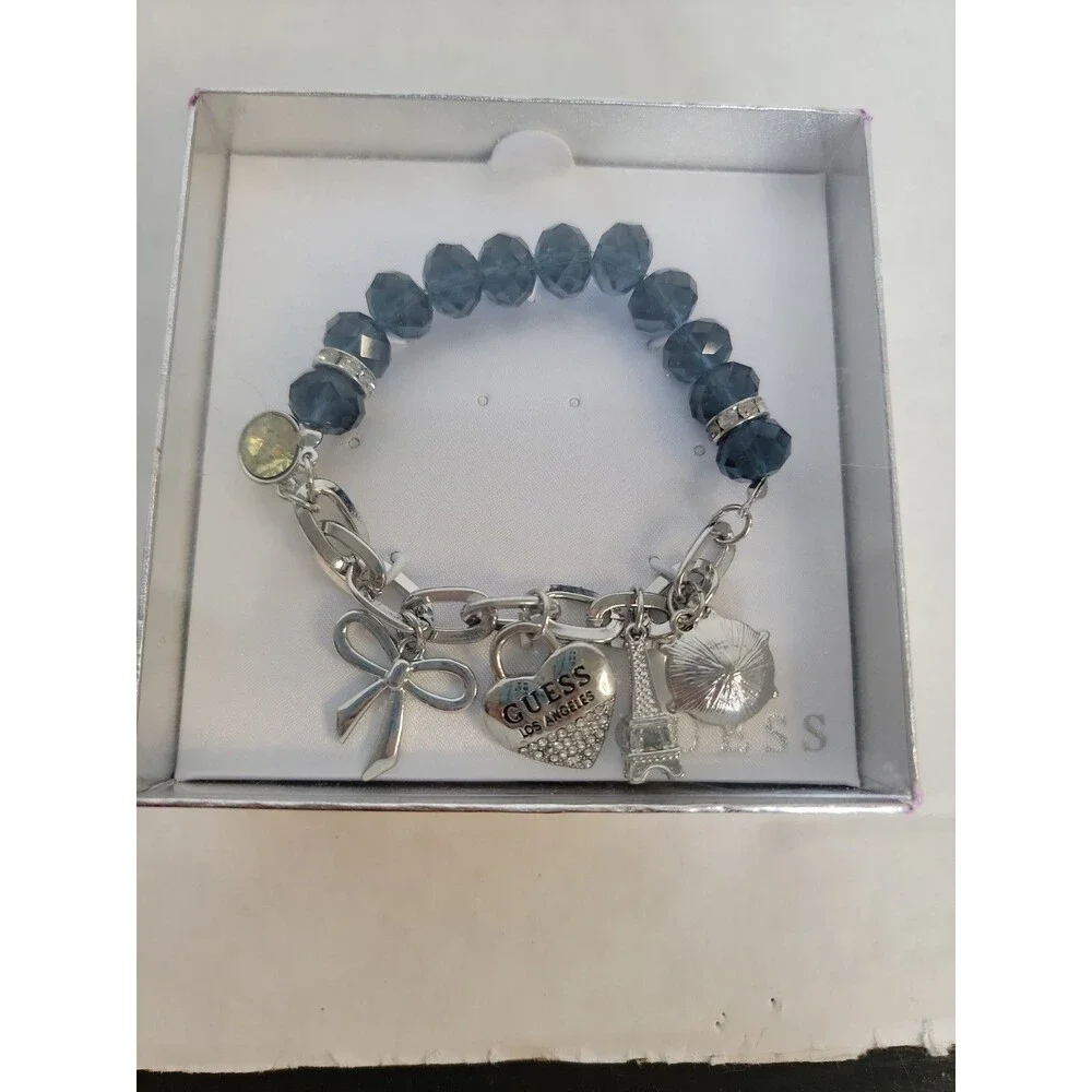 Guess Charm Bracelet France Eiffel Tower Silver Tone Blue Gems